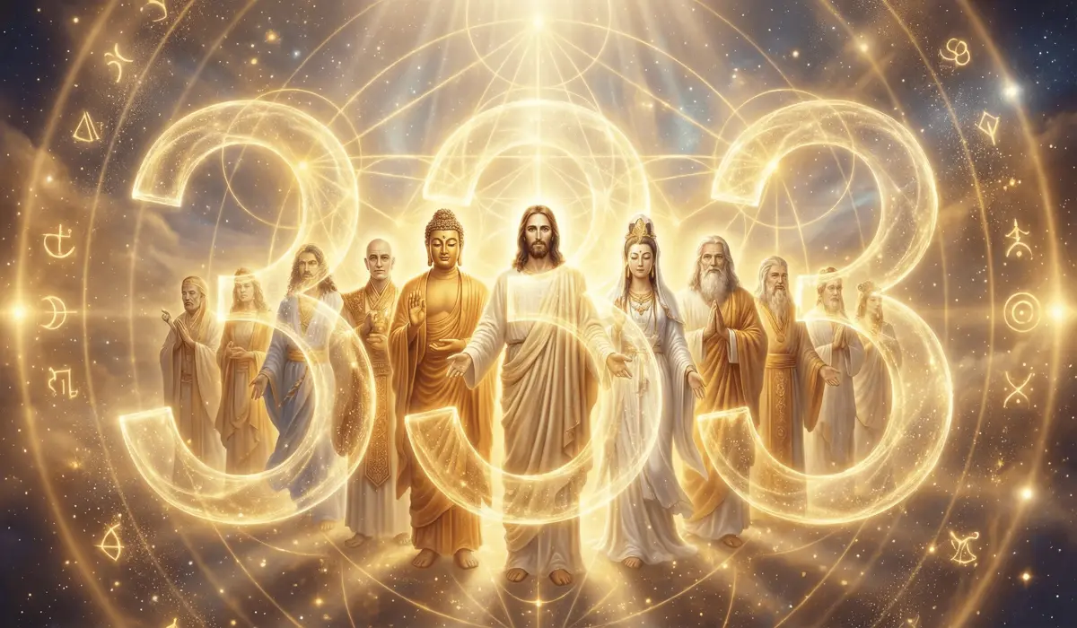 Why You Keep Seeing 333: The Spiritual Meaning and Guidance of the Ascended Masters - Buddha Bodhis Ethereal depiction of Ascended Masters and the 333 angel number symbolizing divine spiritual alignment and guidance.