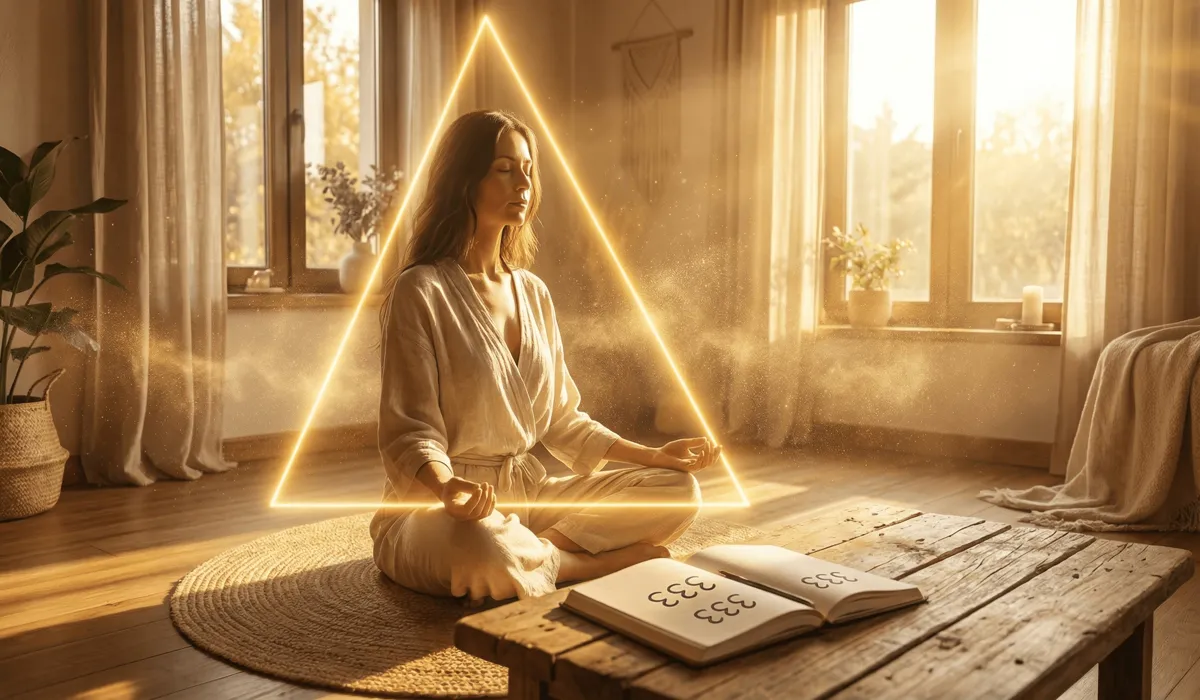 Why You Keep Seeing 333: The Spiritual Meaning and Guidance of the Ascended Masters 4 - Buddha Bodhis A woman performing a 333 manifestation meditation ritual with a golden triangle visualization.
