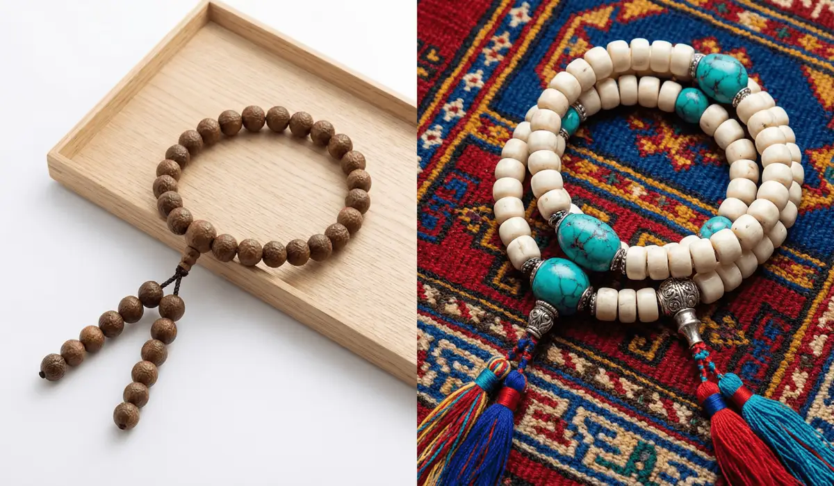 The Spiritual Significance and Benefits of Zen Meditation Beads 4 - Buddha Bodhis Comparison between minimalist Zen Juzu beads and ornate Tibetan prayer beads.