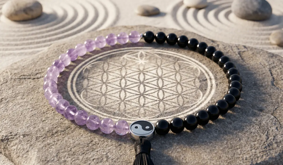 The Spiritual Significance and Benefits of Zen Meditation Beads 1 - Buddha Bodhis Sacred geometry and Yin Yang balance represented through natural stone mala beads and Zen garden elements.