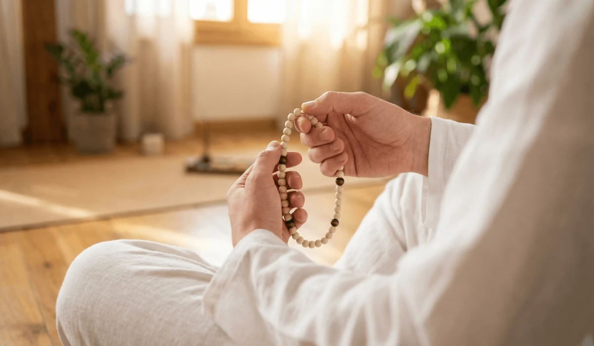 The Spiritual Significance and Benefits of Zen Meditation Beads 2 - Buddha Bodhis A practitioner using Zen meditation beads as a focus tool for mindfulness and mantra recitation.
