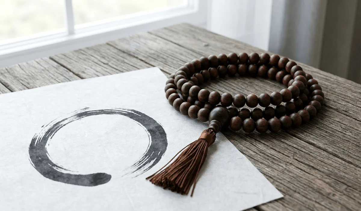 The Spiritual Significance and Benefits of Zen Meditation Beads - Buddha Bodhis Traditional Zen meditation beads with 108 sandalwood beads and an Enso circle symbol on rice paper.
