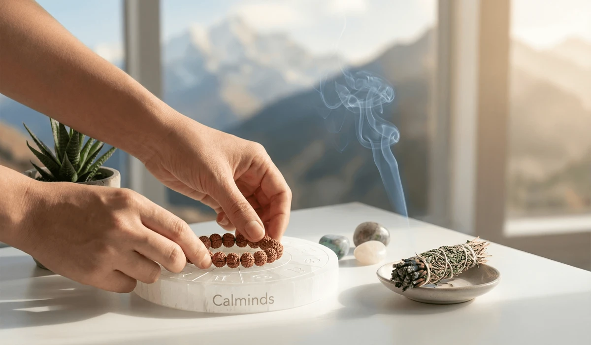 How to Identify Authentic and Ethically Sourced Tibetan Bracelets 6 - Buddha Bodhis A Tibetan bracelet being cleansed with smoke and charged on a selenite plate, showing proper care and spiritual maintenance.