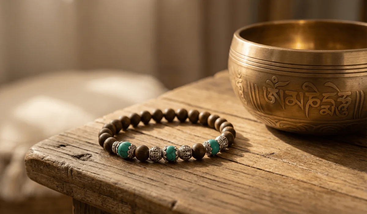 How to Identify Authentic and Ethically Sourced Tibetan Bracelets 1 - Buddha Bodhis Authentic Tibetan sandalwood and turquoise bracelet with engraved mantra symbols, representing spiritual meaning and cultural heritage.