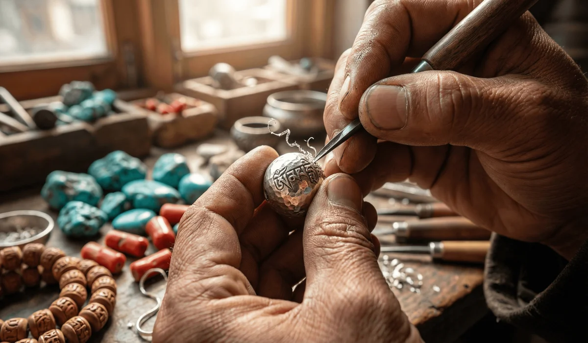 How to Identify Authentic and Ethically Sourced Tibetan Bracelets - Buddha Bodhis Close-up of a Himalayan artisan hand-carving a silver mantra bead, illustrating authentic Tibetan jewelry craftsmanship and ethical sourcing.