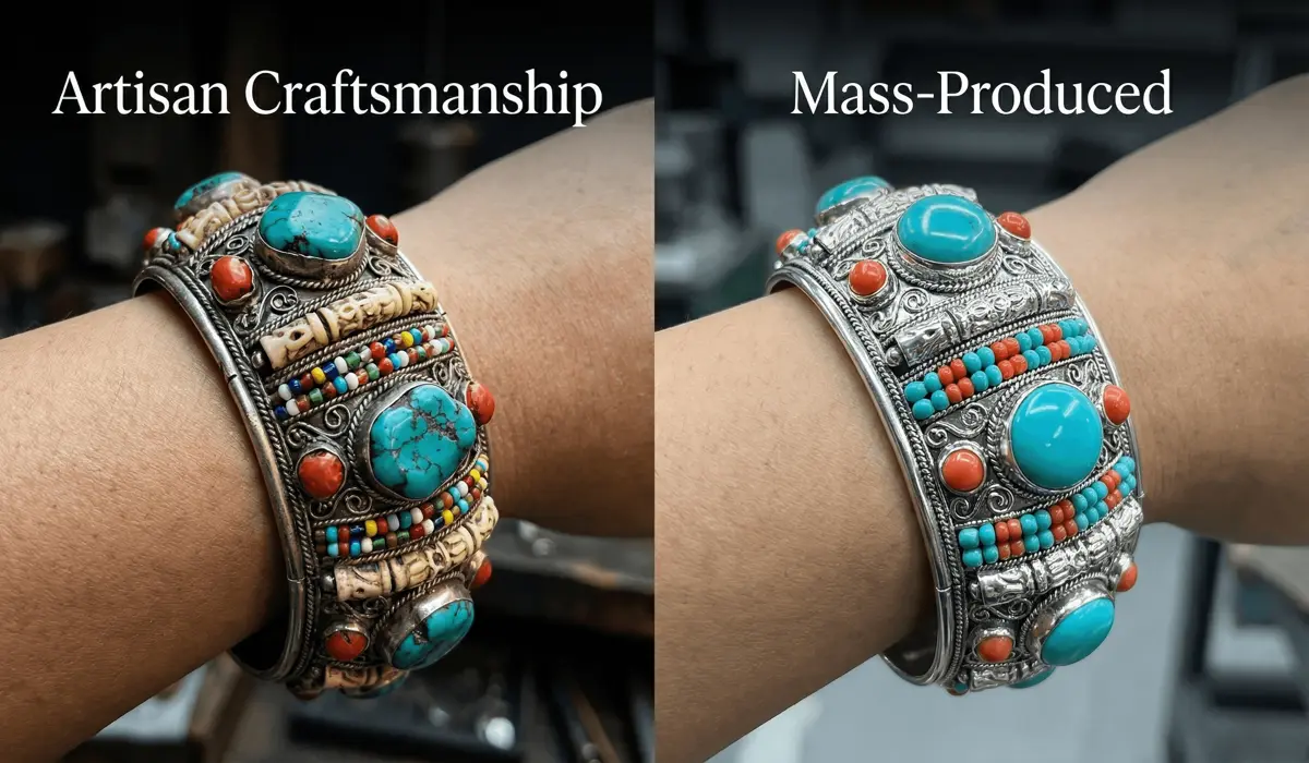 How to Identify Authentic and Ethically Sourced Tibetan Bracelets 5 - Buddha Bodhis Comparison between a handmade artisan Tibetan bracelet and a mass-produced replica to show material integrity and authentic markers.
