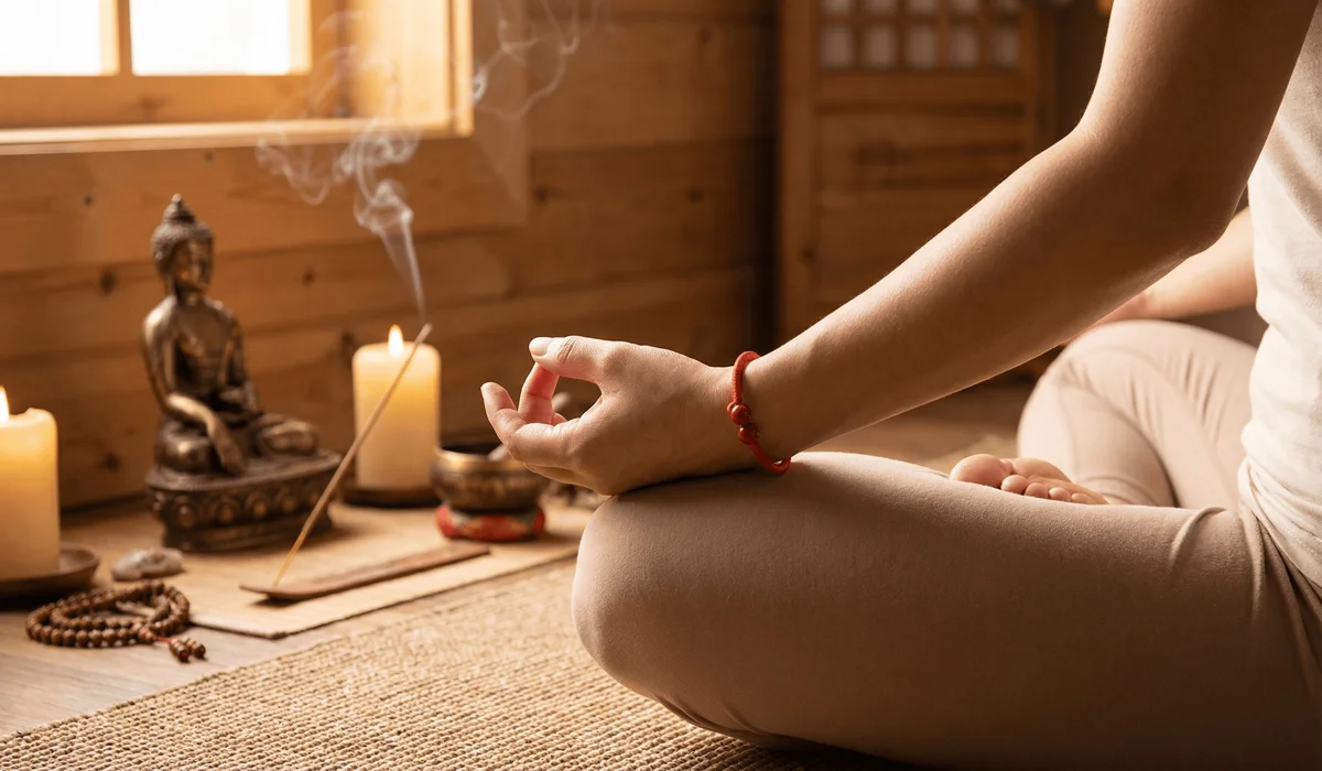 How to Use Tibetan Bracelets to Enhance Meditation and Breathwork 1 - Buddha Bodhis A meditator wearing a red Tibetan lucky knot bracelet on the left wrist for spiritual grounding and energy protection.