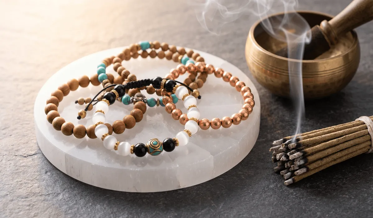 How to Use Tibetan Bracelets to Enhance Meditation and Breathwork 4 - Buddha Bodhis Tibetan spiritual bracelets being cleansed with incense smoke and charged on a selenite plate to maintain their energy.