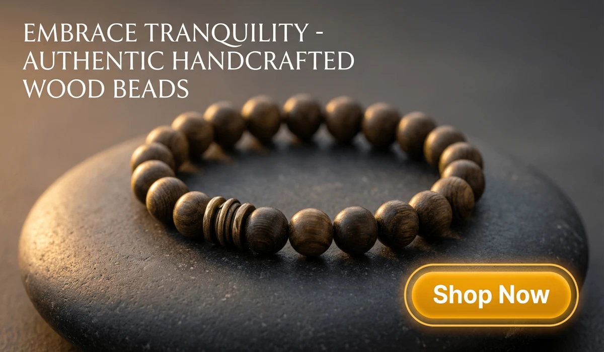 How to Use Tibetan Bracelets to Enhance Meditation and Breathwork 3 - Buddha Bodhis Natural Sandalwood Bead Bracelet on a Zen-inspired dark surface featuring a Shop Now button for meditation jewelry blog