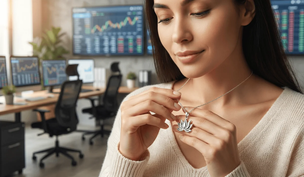 Blooming in the Dark: The Spiritual Symbolism of Growth Through Hardship 2 - Buddha Bodhis A woman holding a silver lotus pendant as a talisman for mindfulness and resilience in a modern digital world.