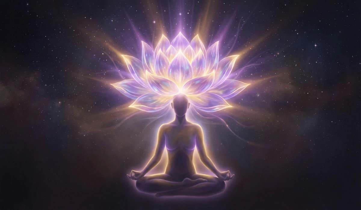 Blooming in the Dark: The Spiritual Symbolism of Growth Through Hardship 4 - Buddha Bodhis Meditation visualization of the Thousand-Petaled Lotus at the Crown Chakra for self-realization.