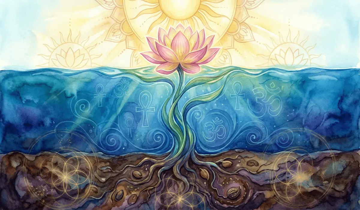 Blooming in the Dark: The Spiritual Symbolism of Growth Through Hardship - Buddha Bodhis The life cycle of a lotus from mud to bloom, representing the journey of spiritual alchemy and dependent origination.