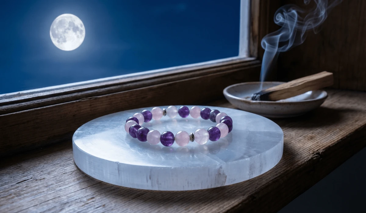 How to Set a Meaningful Intention for Your Meditation Bracelet 4 - Buddha Bodhis A meditation bracelet charging under moonlight on a selenite plate with sage smoke cleansing.