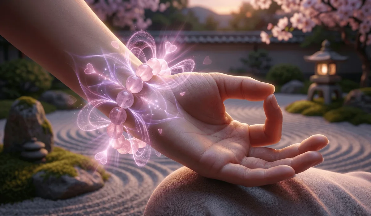 How to Set a Meaningful Intention for Your Meditation Bracelet 1 - Buddha Bodhis Artistic depiction of a rose quartz meditation bracelet emitting soft glowing energy for chakra healing.