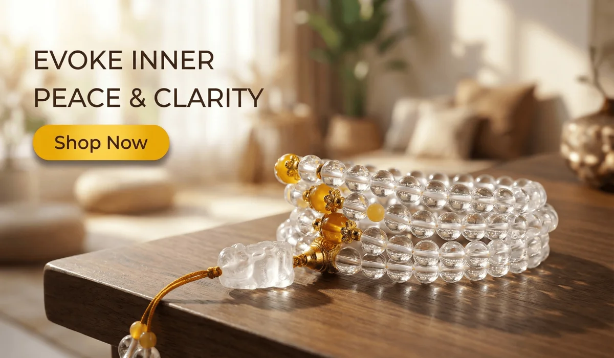How to Set a Meaningful Intention for Your Meditation Bracelet 3 - Buddha Bodhis Handcrafted 108 White Crystal Mala Bracelet with Amber and Buddha charm on a luxury wooden setting - Zen meditation jewelry for spiritual balance and mindfulness.