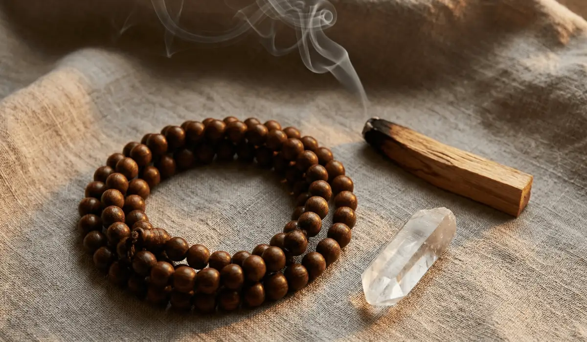 The Significance of 108 Mala Beads: Meaning, Use, and the Power of Lignum Vitae 4 - Buddha Bodhis Cleansing ritual for Lignum Vitae prayer beads using Palo Santo smoke and quartz crystals for energetic charging.