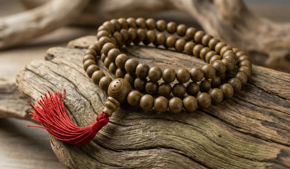 The Significance of 108 Mala Beads: Meaning, Use, and the Power of Lignum Vitae - Buddha Bodhis Close-up of 108 Lignum Vitae mala beads showing natural wood grain and guru bead for long meditation sessions.