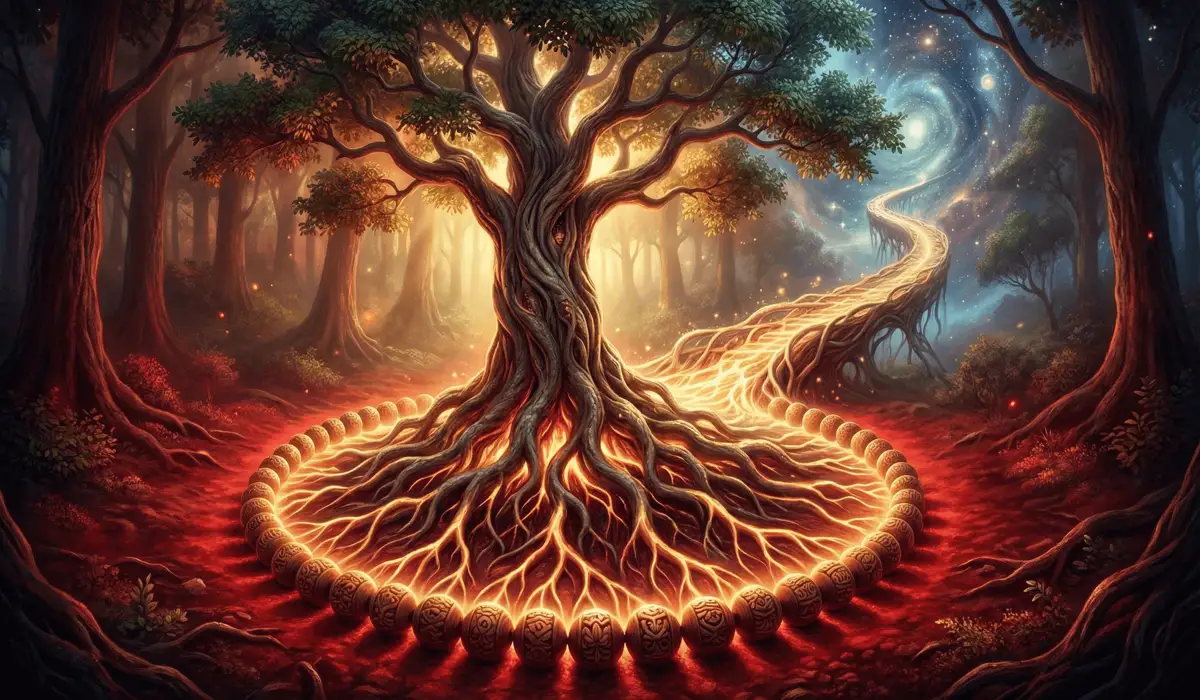 The Significance of 108 Mala Beads: Meaning, Use, and the Power of Lignum Vitae 1 - Buddha Bodhis Symbolic illustration of Lignum Vitae wood of life mala beads representing root chakra grounding and spiritual connection.