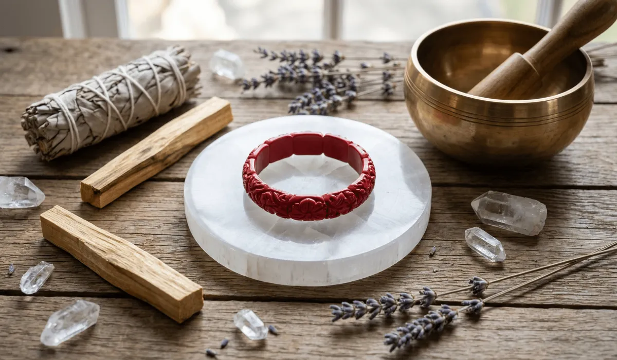 How to Safely Cleanse and Purify Cinnabar Jewelry: A Practical Feng Shui Guide - Buddha Bodhis A collection of spiritual cleansing tools including selenite, incense, and a singing bowl for purifying cinnabar jewelry without water.