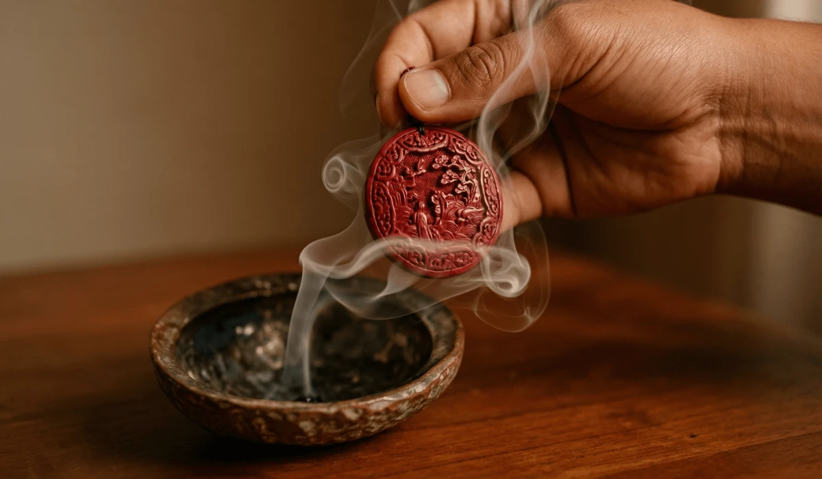 How to Safely Cleanse and Purify Cinnabar Jewelry: A Practical Feng Shui Guide 1 - Buddha Bodhis Cleansing a red cinnabar pendant using sacred incense smoke smudging technique to remove negative energy.