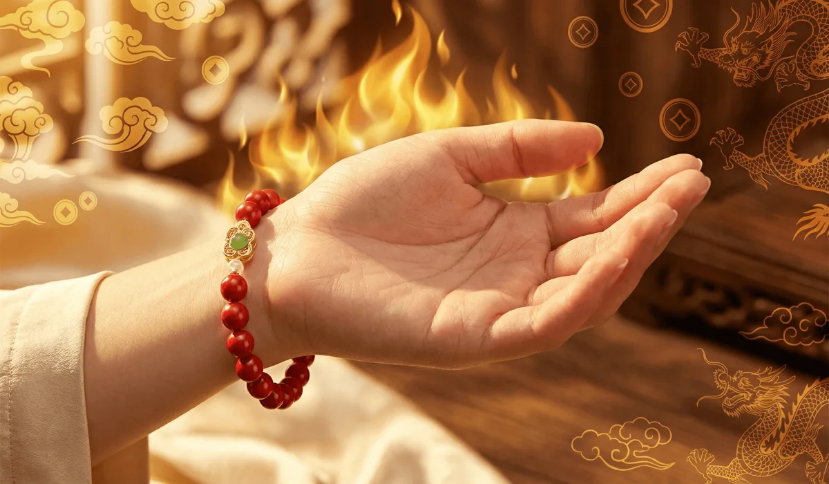 How to Safely Cleanse and Purify Cinnabar Jewelry: A Practical Feng Shui Guide 2 - Buddha Bodhis Cinnabar bracelet worn on the left hand for wealth attraction and protection according to Feng Shui principles.