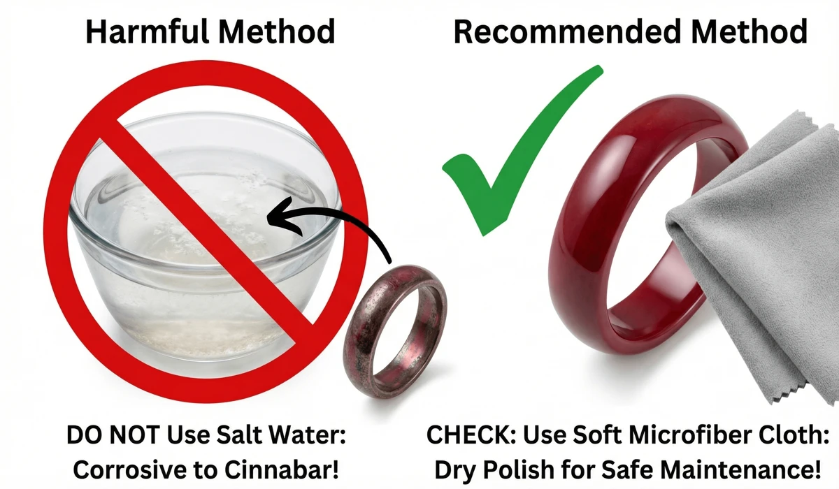 How to Safely Cleanse and Purify Cinnabar Jewelry: A Practical Feng Shui Guide 4 - Buddha Bodhis Visual guide showing that cinnabar jewelry should be cleaned with a dry cloth and never soaked in salt water.