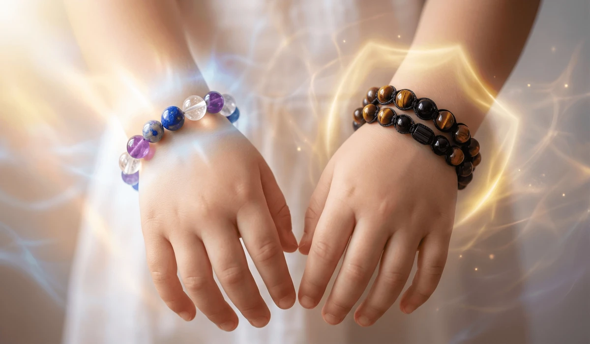 Which Wrist Should a Child Wear a Protection Bracelet On? Left vs. Right Hand Meaning - Buddha Bodhis A child wearing protection bracelets on both wrists illustrating the Left-In and Right-Out spiritual principle for energy flow.