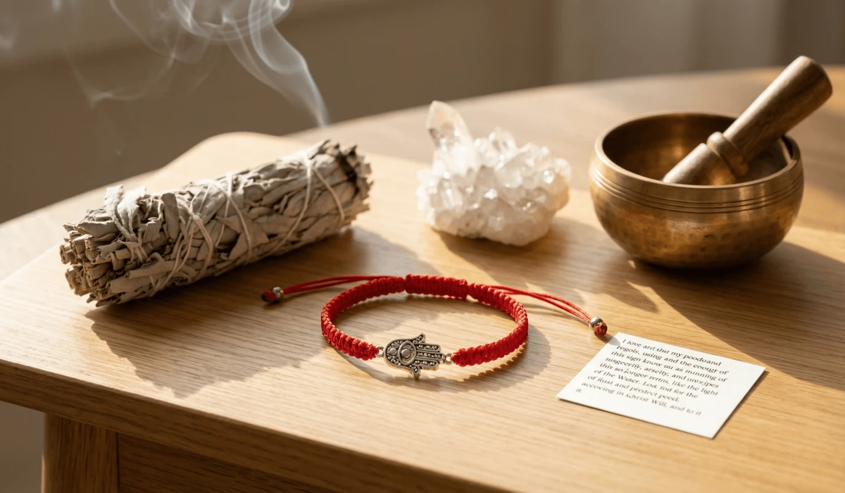 Which Wrist Should a Child Wear a Protection Bracelet On? Left vs. Right Hand Meaning 1 - Buddha Bodhis Spiritual tools including white sage, crystals, and a singing bowl used for purifying a child's protection bracelet.