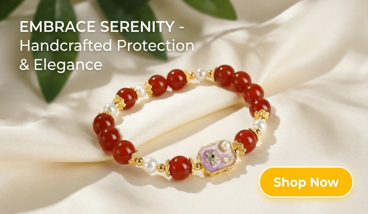 Which Wrist Should a Child Wear a Protection Bracelet On? Left vs. Right Hand Meaning 3 - Buddha Bodhis Red Agate and Shell Pearl Bracelet for Protection and Serenity - High-end jewelry blog banner with Shop Now button