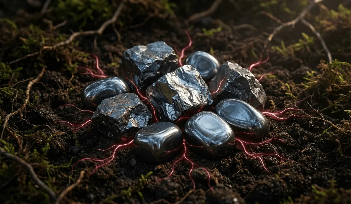 How to Ground Your Aura: Spiritual Benefits and Healing Techniques - Buddha Bodhis Raw and polished Hematite stones on dark earth with red energy lines symbolizing aura grounding and Earth element connection.