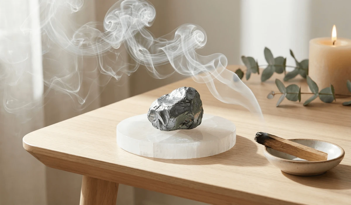 How to Ground Your Aura: Spiritual Benefits and Healing Techniques 4 - Buddha Bodhis Hematite crystal being cleansed with sage smoke on a Selenite charging plate to reset its grounding energy.