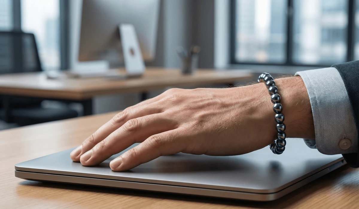 How to Ground Your Aura: Spiritual Benefits and Healing Techniques 3 - Buddha Bodhis Close-up of a Hematite bead bracelet worn for mental focus and protection against electromagnetic smog in an office setting.