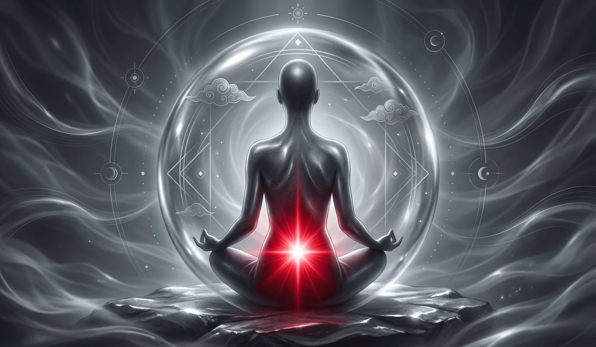 How to Ground Your Aura: Spiritual Benefits and Healing Techniques 1 - Buddha Bodhis Spiritual illustration of Root Chakra alignment and a protective silver aura shield inspired by Hematite properties.