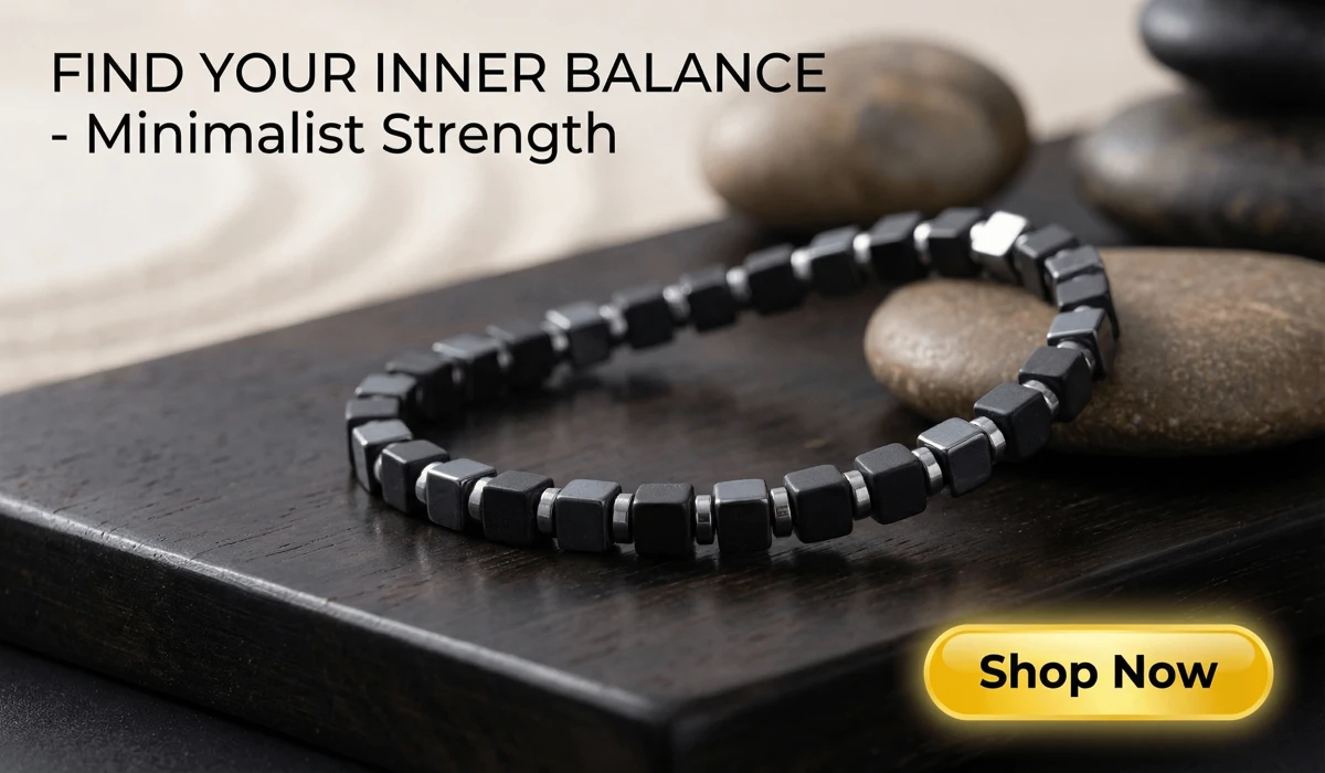 How to Ground Your Aura: Spiritual Benefits and Healing Techniques 2 - Buddha Bodhis Natural Hematite Square Bead Bracelet for Grounding and Balance, Minimalist Men's and Women's Jewelry on Dark Wood Background with Shop Now Button