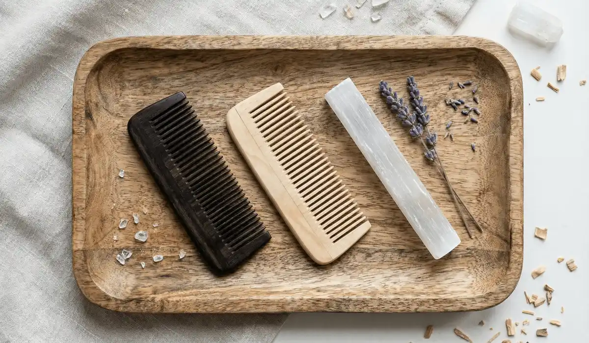 The Ritual of Scalp Massage: Using Wooden Combs for Morning Stress Relief 4 - Buddha Bodhis A collection of spiritual grooming tools including ebony and sandalwood combs with a selenite crystal for energetic cleansing.
