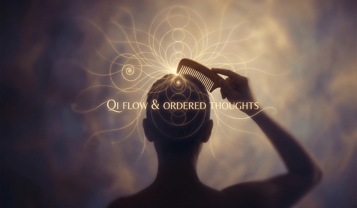 The Ritual of Scalp Massage: Using Wooden Combs for Morning Stress Relief 1 - Buddha Bodhis Conceptual illustration of a wooden comb stimulating the Crown Chakra and promoting spiritual clarity and energy flow.