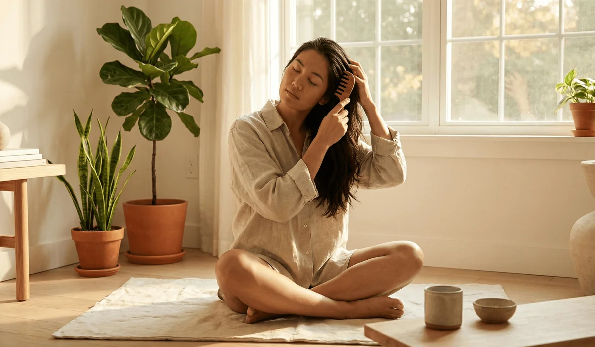 The Ritual of Scalp Massage: Using Wooden Combs for Morning Stress Relief 2 - Buddha Bodhis A person practicing a mindful morning ritual using a wooden comb for scalp meridian stimulation and stress relief.