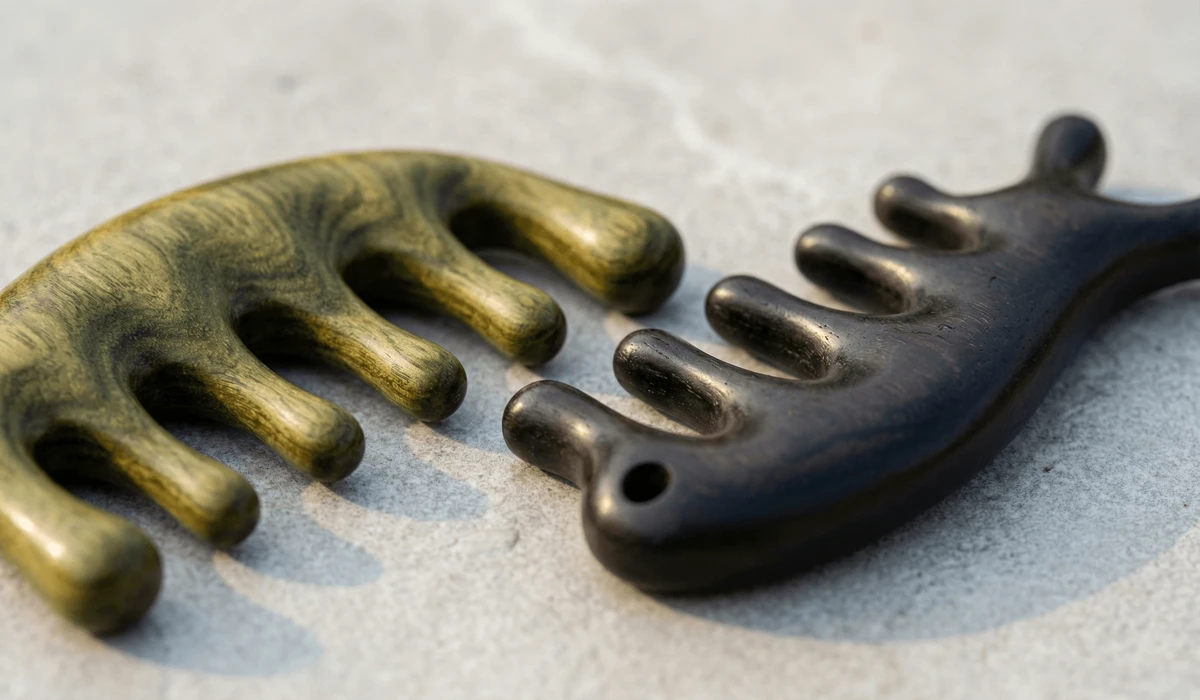 The Ritual of Scalp Massage: Using Wooden Combs for Morning Stress Relief - Buddha Bodhis Close-up of handcrafted sandalwood and ebony wooden combs showing natural wood grain and rounded teeth for scalp massage.