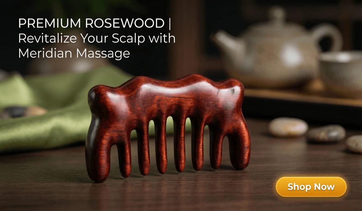 The Ritual of Scalp Massage: Using Wooden Combs for Morning Stress Relief 3 - Buddha Bodhis Handcrafted Indonesian Rosewood Cat Ear Comb for scalp massage and meridian Gua Sha therapy, luxury wellness tool.