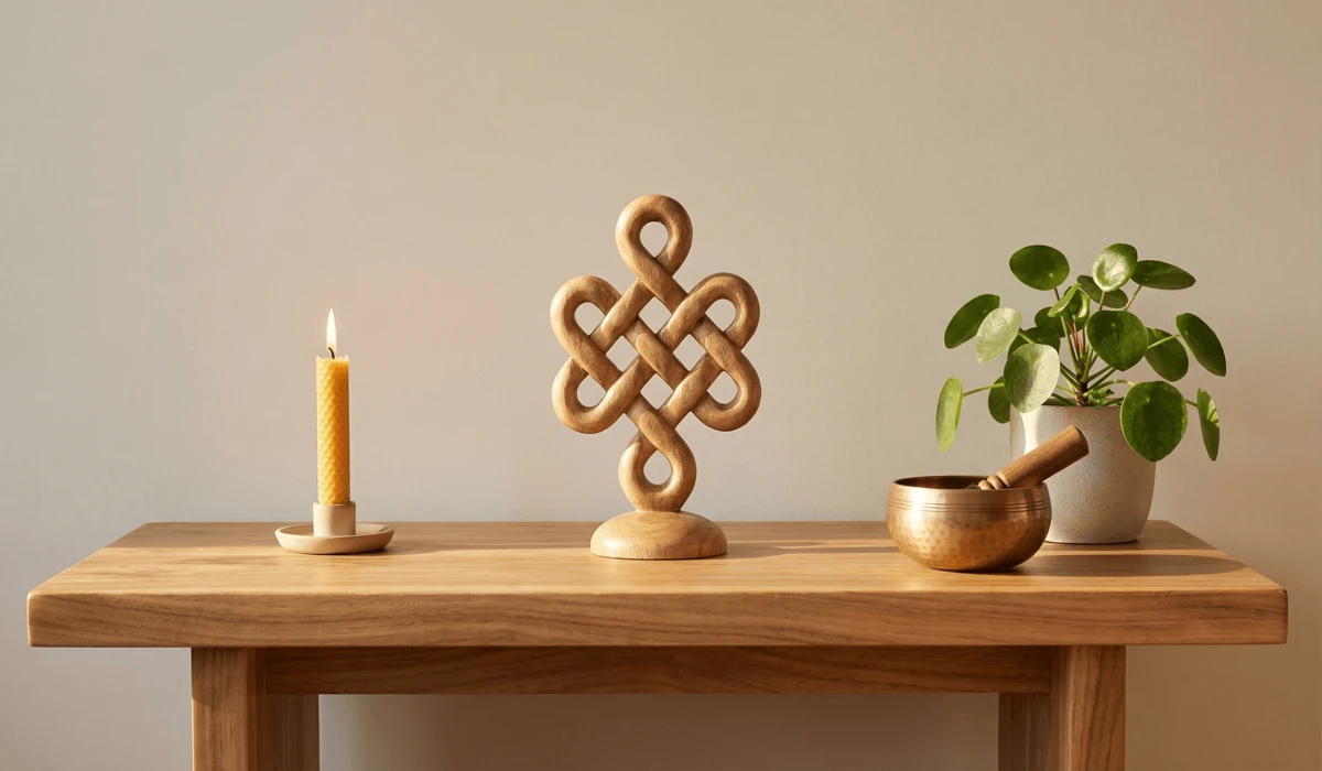 The Endless Knot: Spiritual Meaning and Symbolism in Your Practice 4 - Buddha Bodhis A peaceful meditation altar featuring a wooden Endless Knot carving and a candle, used for visual focus and spiritual practice.