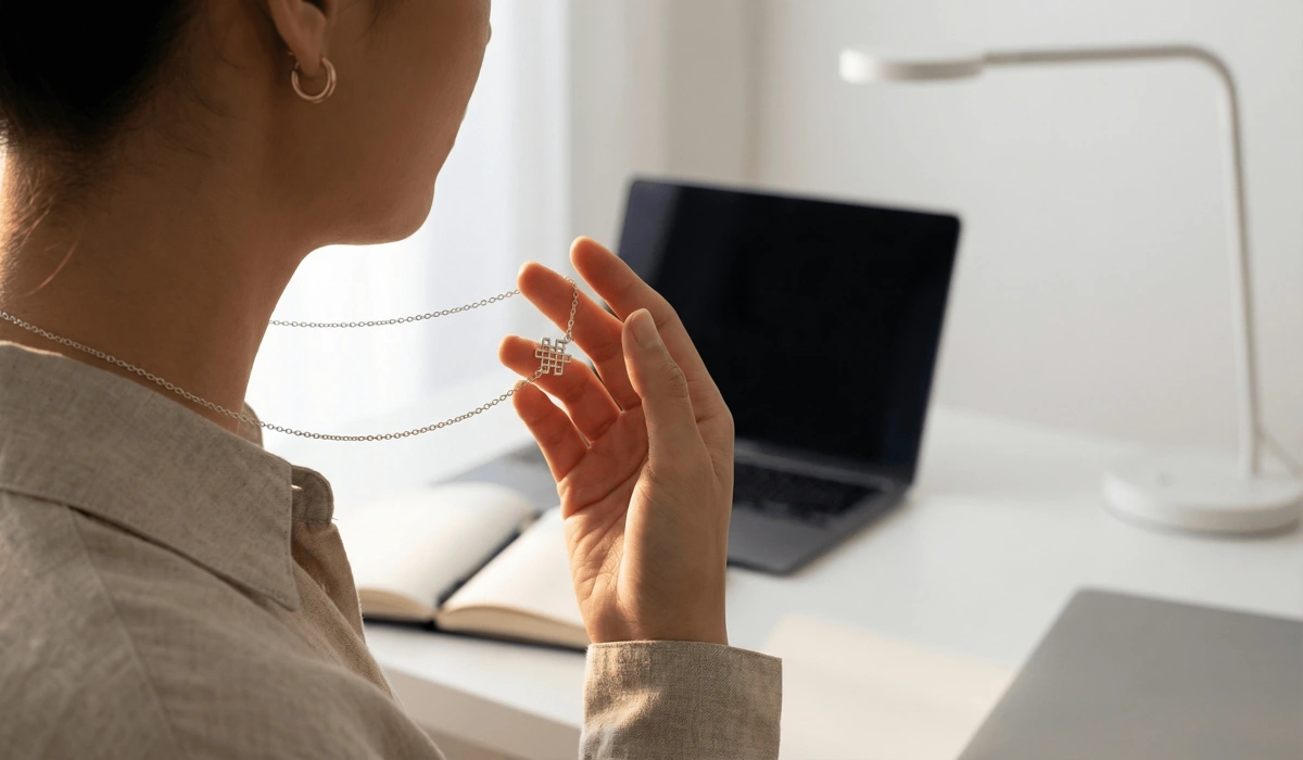 The Endless Knot: Spiritual Meaning and Symbolism in Your Practice 2 - Buddha Bodhis Close-up of a person wearing a silver Endless Knot pendant as a mindfulness talisman to combat digital burnout in a modern setting.