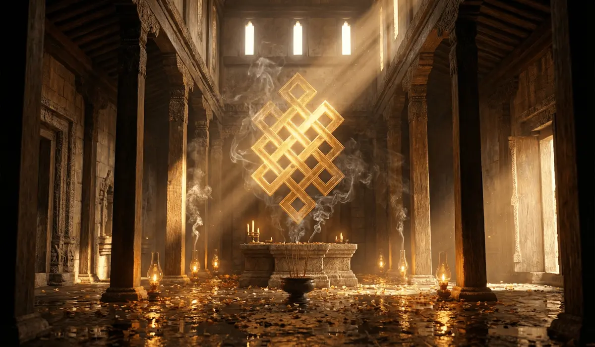 The Endless Knot: Spiritual Meaning and Symbolism in Your Practice - Buddha Bodhis An ancient Himalayan temple with a glowing golden Endless Knot symbol floating above an altar, representing its divine spiritual origins.