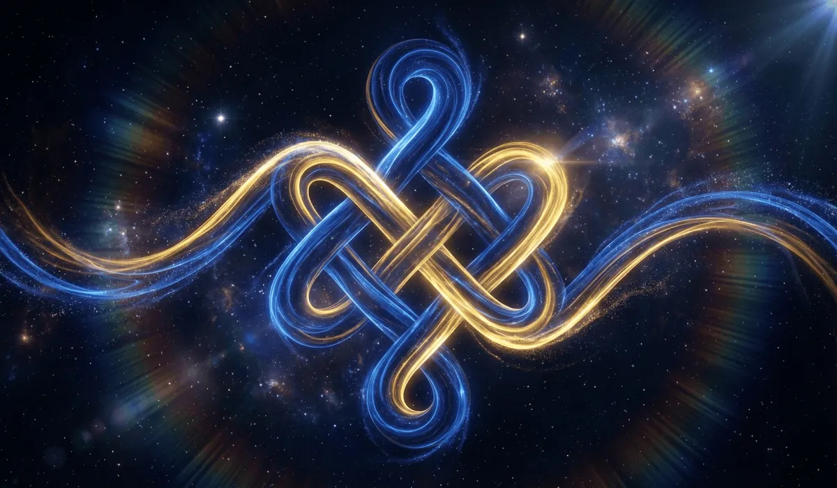 The Endless Knot: Spiritual Meaning and Symbolism in Your Practice 1 - Buddha Bodhis Abstract geometric 3D art of the Endless Knot in blue and gold threads, symbolizing the union of wisdom and compassion and the interconnected web of existence.