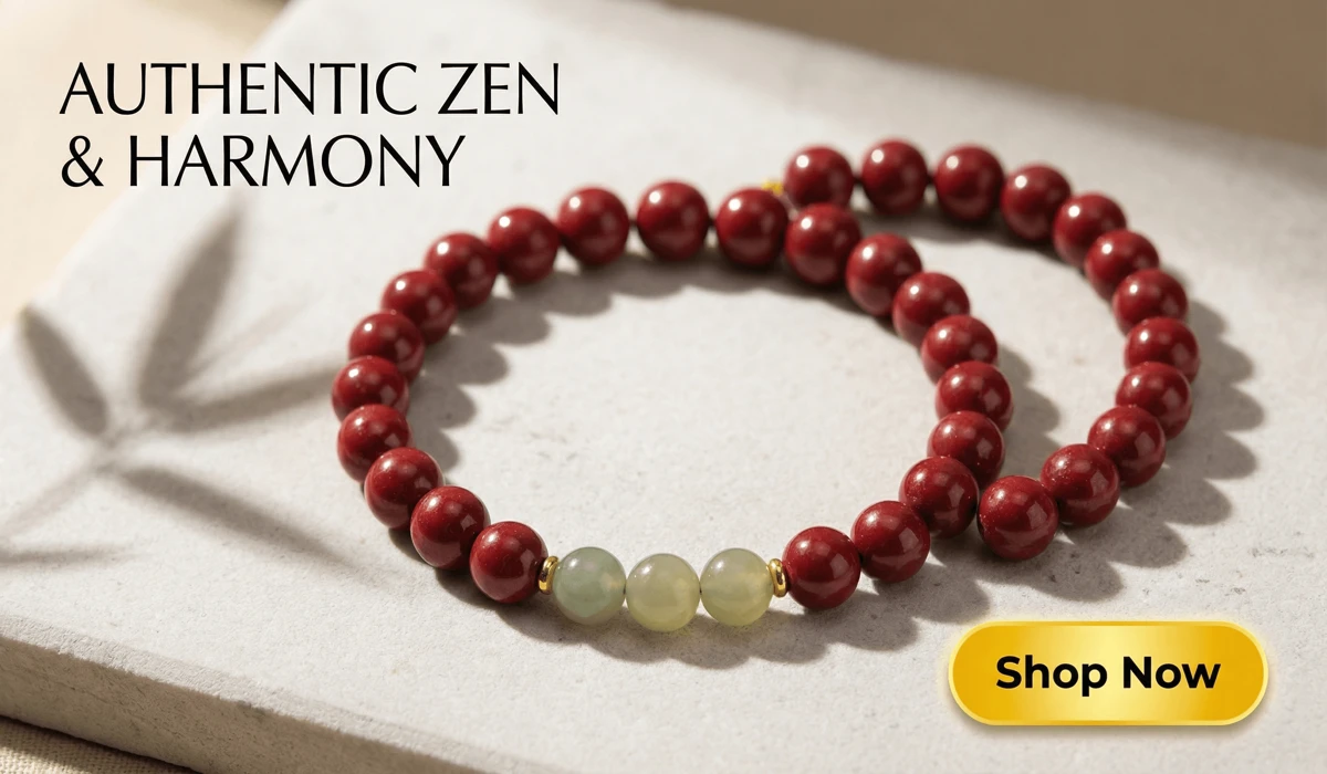 The Endless Knot: Spiritual Meaning and Symbolism in Your Practice 3 - Buddha Bodhis Handcrafted Natural Red Cinnabar and Green Jade Bracelet on a minimalist Zen stone background with a Shop Now button for spiritual protection and harmony.