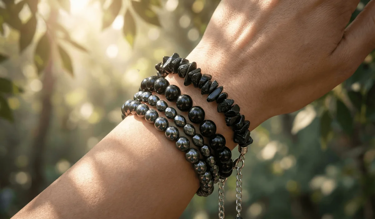 Spiritual Protection Bracelets: Energy Management for Empaths - Buddha Bodhis Close-up of an empathic woman wearing black tourmaline and obsidian spiritual protection bracelets for energy grounding.