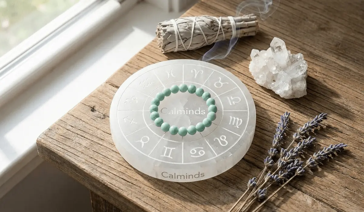 Spiritual Protection Bracelets: Energy Management for Empaths 4 - Buddha Bodhis Spiritual protection bracelet being cleansed and charged on a selenite plate with sage and clear quartz.