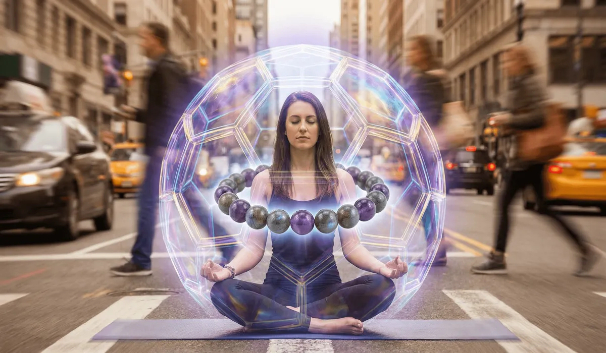 Spiritual Protection Bracelets: Energy Management for Empaths 1 - Buddha Bodhis Conceptual illustration of an empathic woman protected by a spiritual energy shield and crystal bracelets in a busy city.