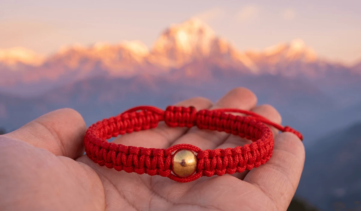 Tibetan Protection Bracelets for Empaths: Shielding Your Energy from Negativity - Buddha Bodhis Tibetan red string protection bracelet with handwoven Buddhist knots for energy shielding, held against a Himalayan sunrise background.