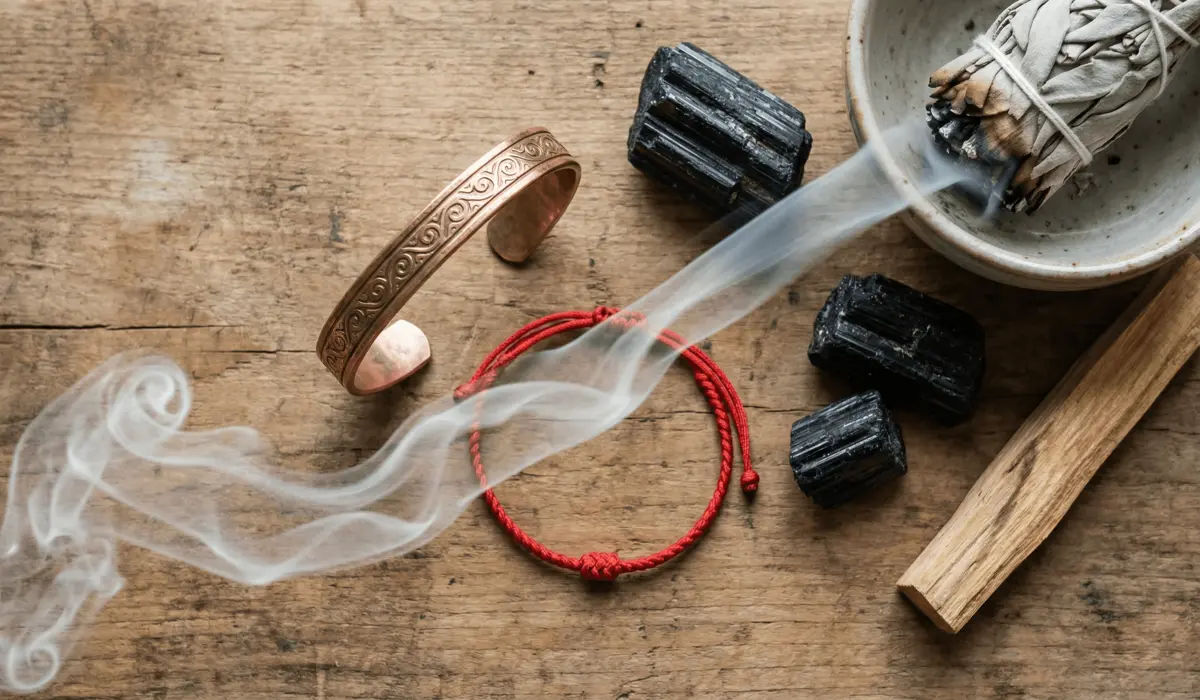 Tibetan Protection Bracelets for Empaths: Shielding Your Energy from Negativity 4 - Buddha Bodhis Cleansing a Tibetan protection bracelet with sage smoke and black tourmaline stones to remove negative energy.