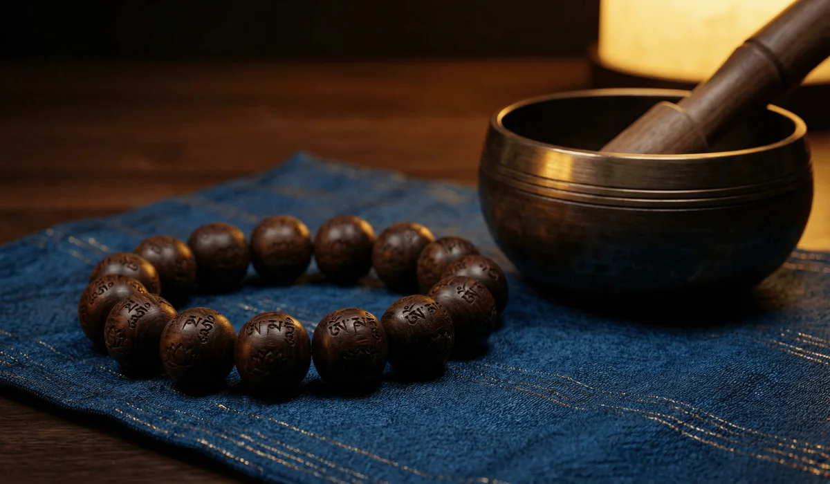 Tibetan Protection Bracelets for Empaths: Shielding Your Energy from Negativity 1 - Buddha Bodhis Close-up of a Six True Words mantra bracelet with engraved beads, representing spiritual protection for empaths.
